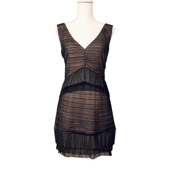 BCBGMaxAzria Dresses & Skirts - BCBGMaxAzria Black & Tan Ruched BodyCon V-Neck Sleeveless Short Dress (size L)